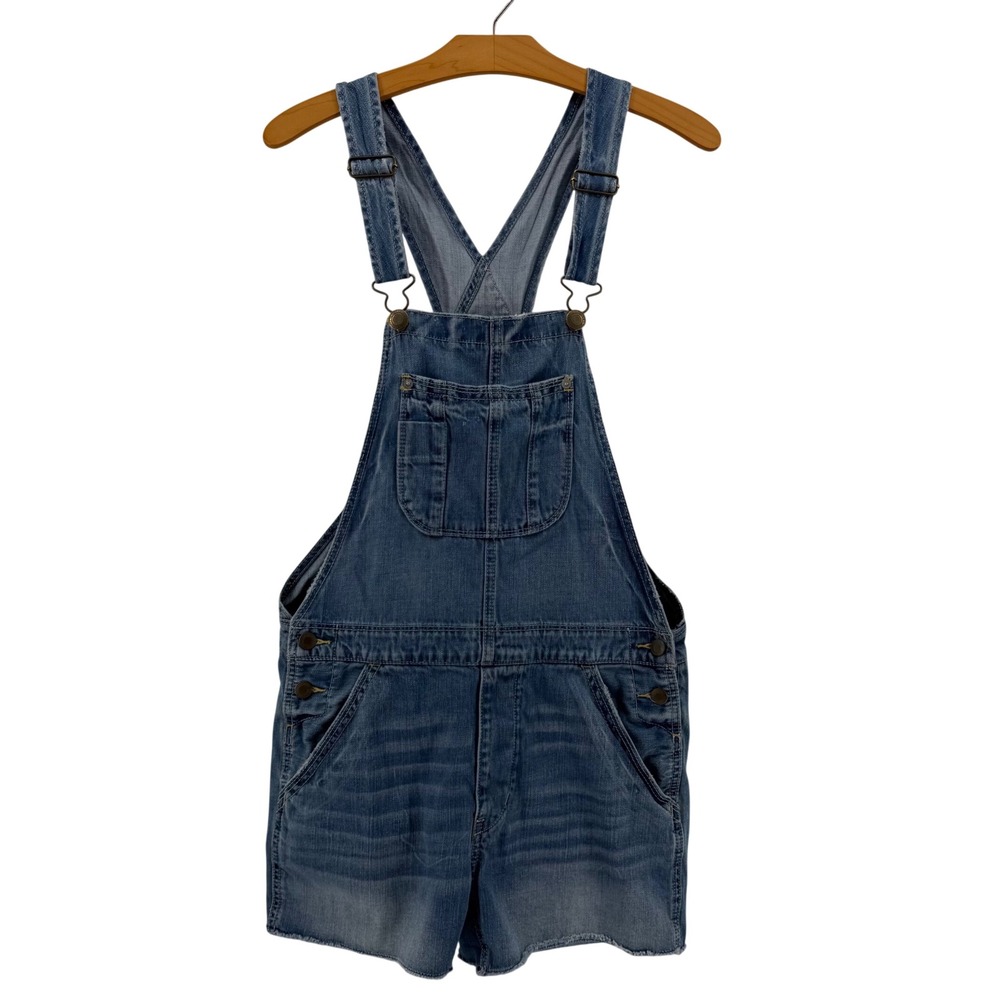 American Eagle 100% Cotton Denim Shortalls Women S Blue Bib Overalls Raw Hem